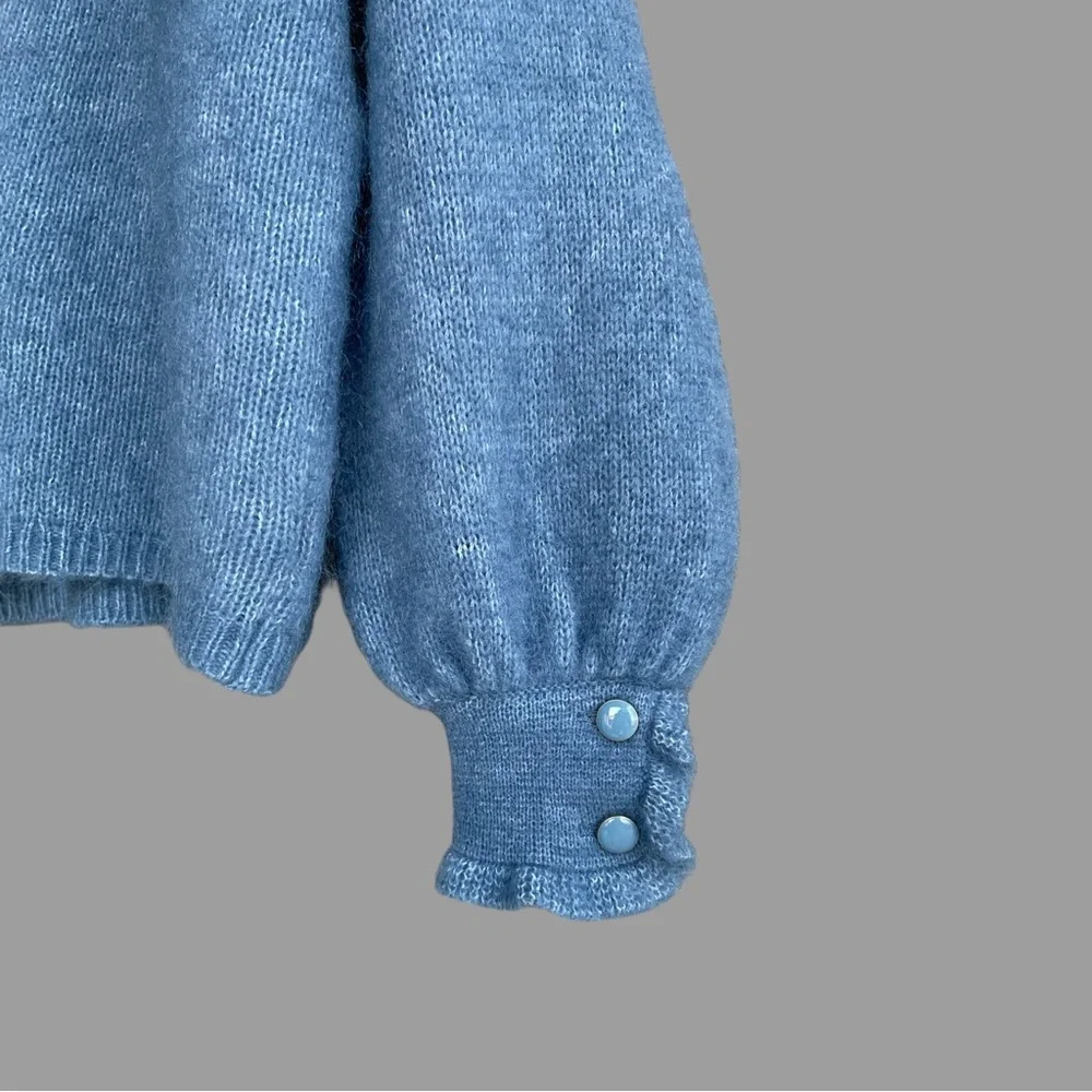 SEZANE Blue Mohair Wool Balloon Sleeve Oversized Mia V Neck Cardigan Sweater - Picture 6 of 16